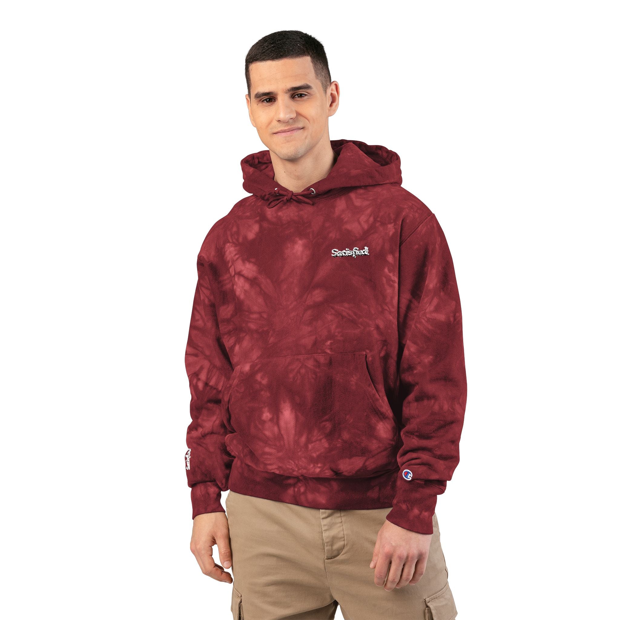 Man wearing a maroon tie-dye hoodie with a logo on a white background