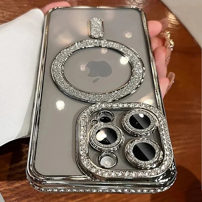 New Fashion Glitter Diamond Transparent Case For iPhone 16 15 14 13 17 12 Pro Max 16 Plus Magnetic Wireless Charge Bumper Cover Econic Blanks