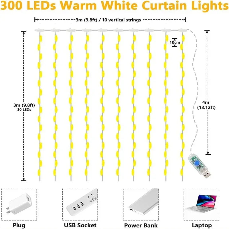 3M LED Curtain String Lights Fairy Decoration USB Holiday Garland Lamp 8 Mode For Home Garden Christmas Party New Year Wedding Econic Blanks