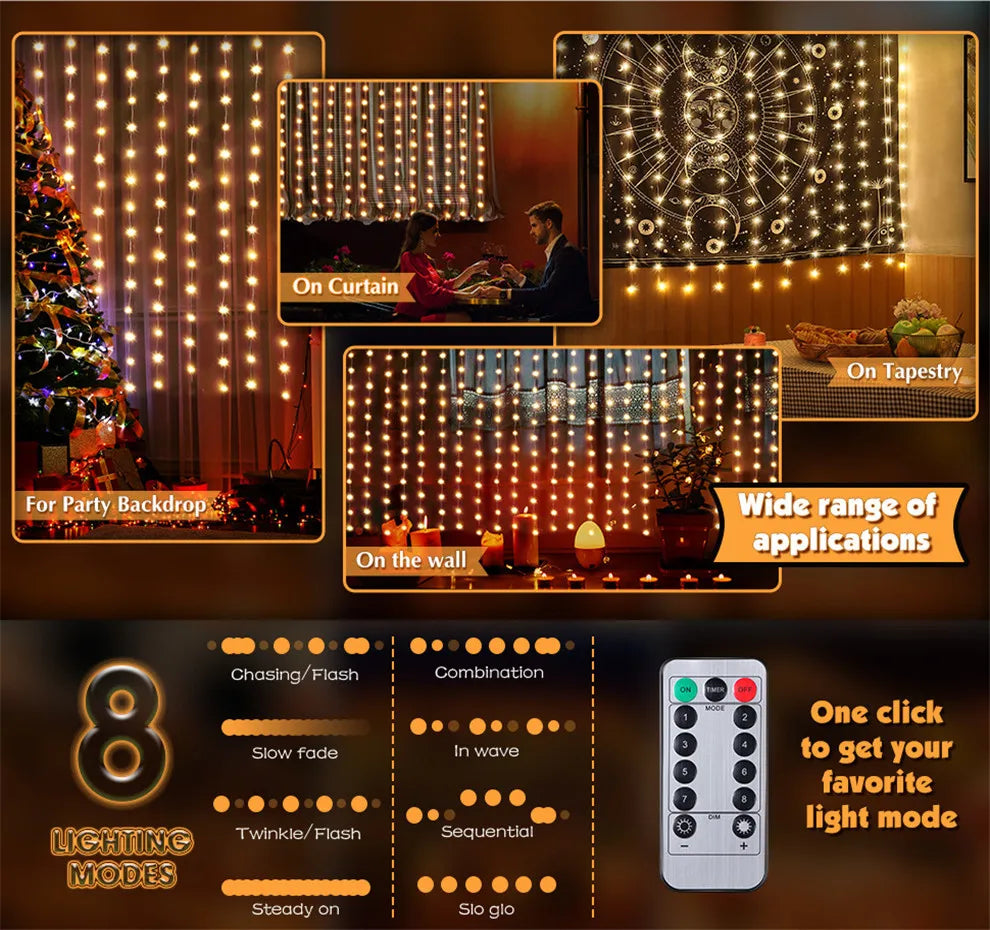 Christmas Lights LED Fairy String Curtain Lights 8 Mode Remote USB Festoon Christmas Decor For Home Holiday New Year Lamp Econic Blanks