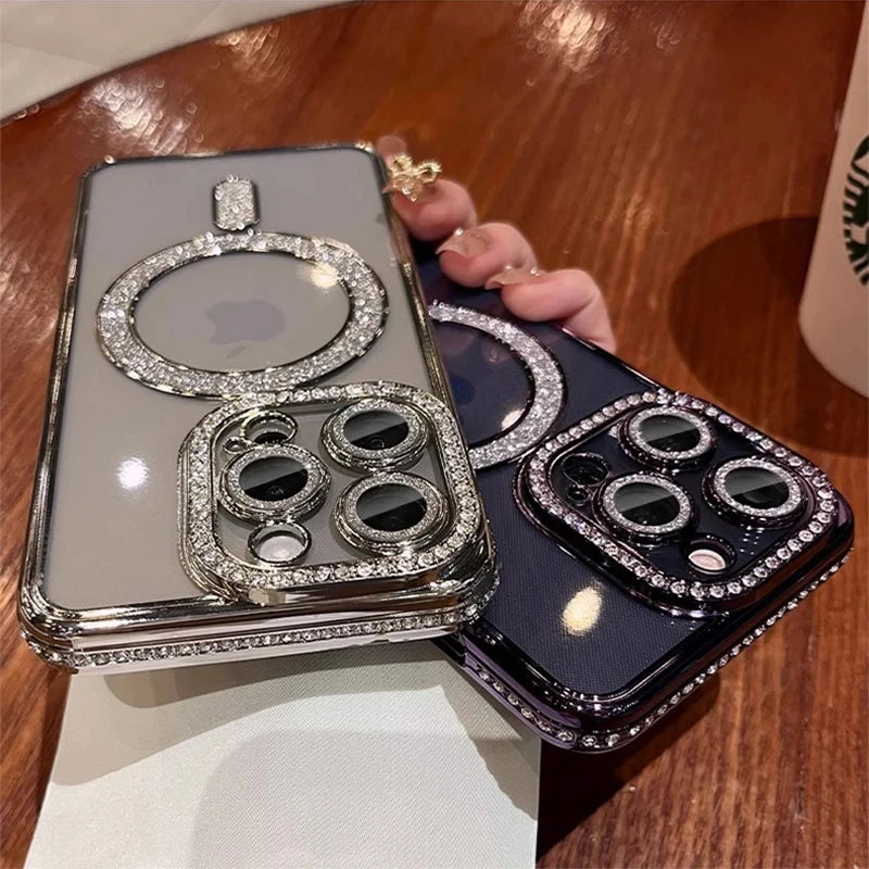 New Fashion Glitter Diamond Transparent Case For iPhone 16 15 14 13 17 12 Pro Max 16 Plus Magnetic Wireless Charge Bumper Cover Econic Blanks