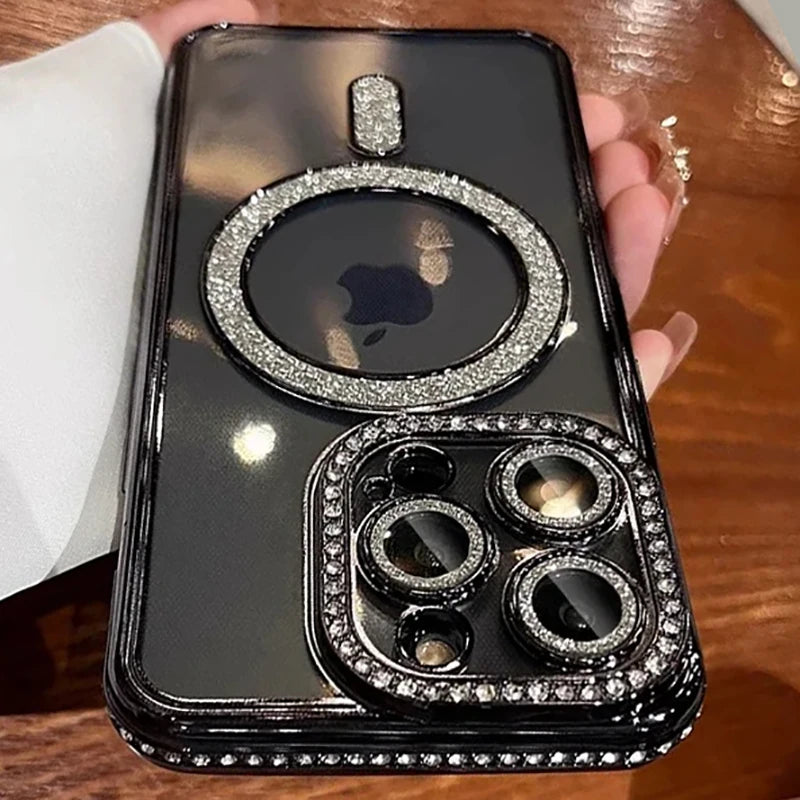 New Fashion Glitter Diamond Transparent Case For iPhone 16 15 14 13 17 12 Pro Max 16 Plus Magnetic Wireless Charge Bumper Cover Econic Blanks