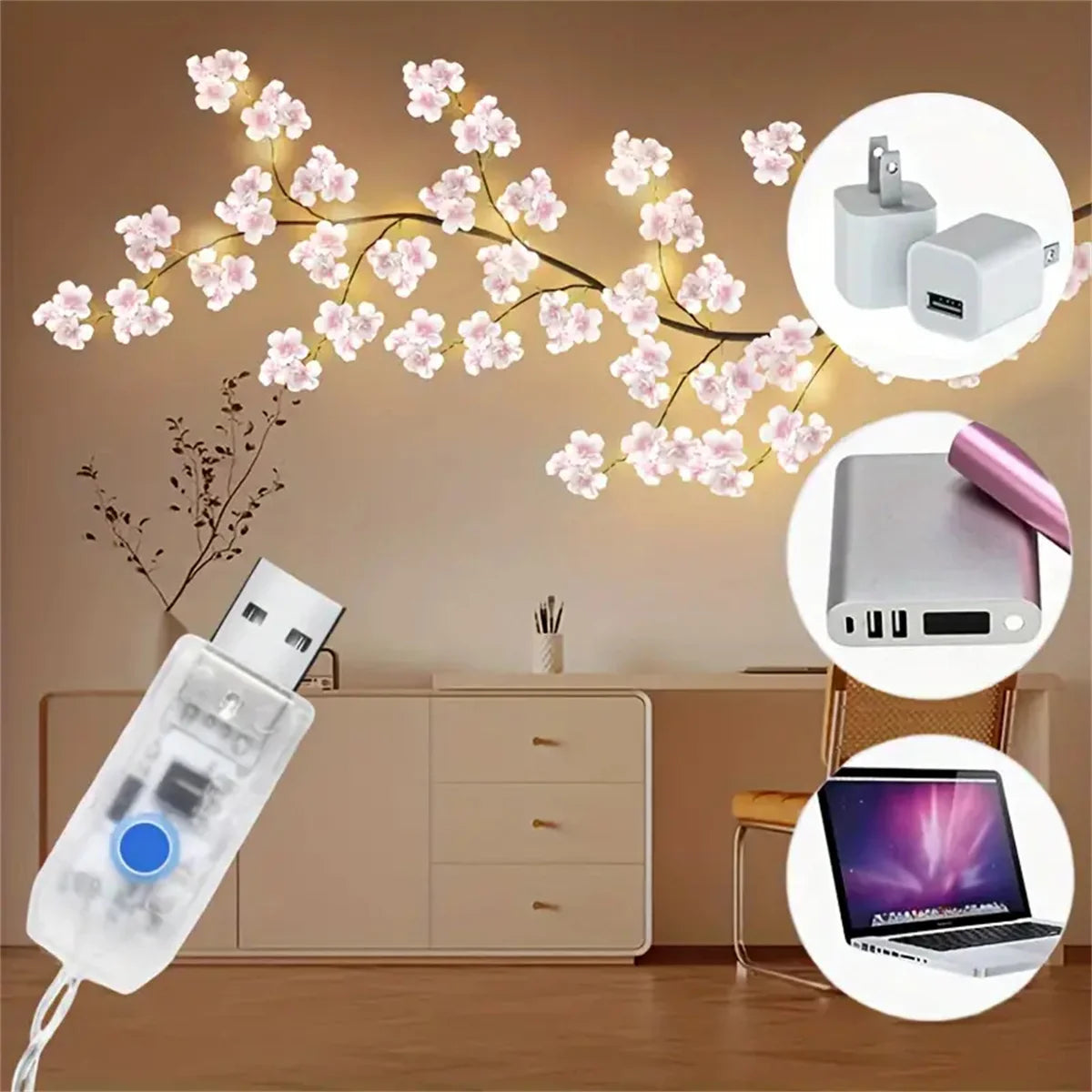 Cherry Blossom 96 Led USB Tree Branch Rattan Lights 8 Modes Colorful String Lamp Valentine Christmas Wedding Bedroom Decoration Econic Blanks