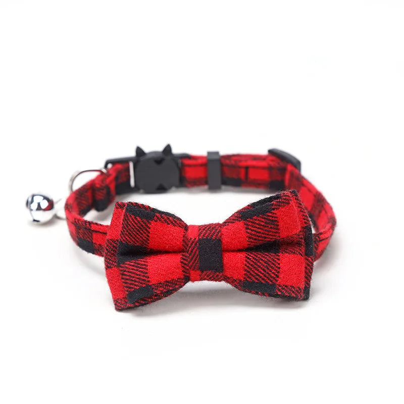 Pet Breakaway Cat Collar Bow Tie and Bell Cute Plaid Christmas Red Elastic Adjustable Dog Collar With Sash Small Bell For Cats Econic Blanks