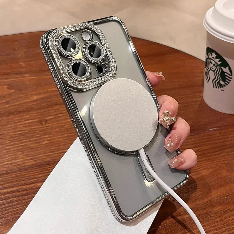 New Fashion Glitter Diamond Transparent Case For iPhone 16 15 14 13 17 12 Pro Max 16 Plus Magnetic Wireless Charge Bumper Cover Econic Blanks