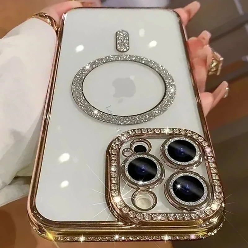 New Fashion Glitter Diamond Transparent Case For iPhone 16 15 14 13 17 12 Pro Max 16 Plus Magnetic Wireless Charge Bumper Cover Econic Blanks