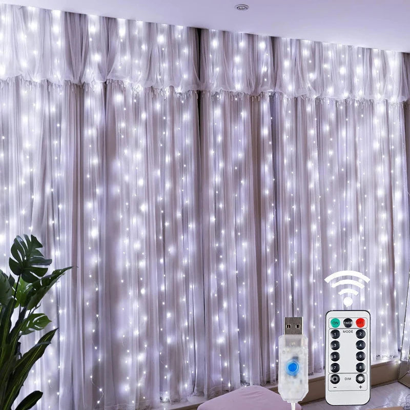 Christmas Lights LED Fairy String Curtain Lights 8 Mode Remote USB Festoon Christmas Decor For Home Holiday New Year Lamp Econic Blanks
