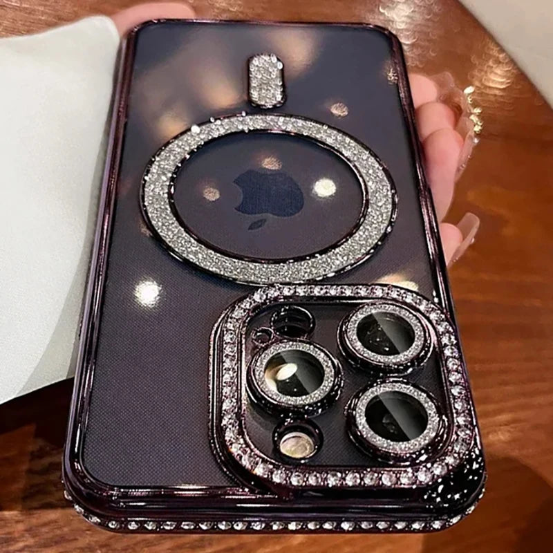 New Fashion Glitter Diamond Transparent Case For iPhone 16 15 14 13 17 12 Pro Max 16 Plus Magnetic Wireless Charge Bumper Cover Econic Blanks