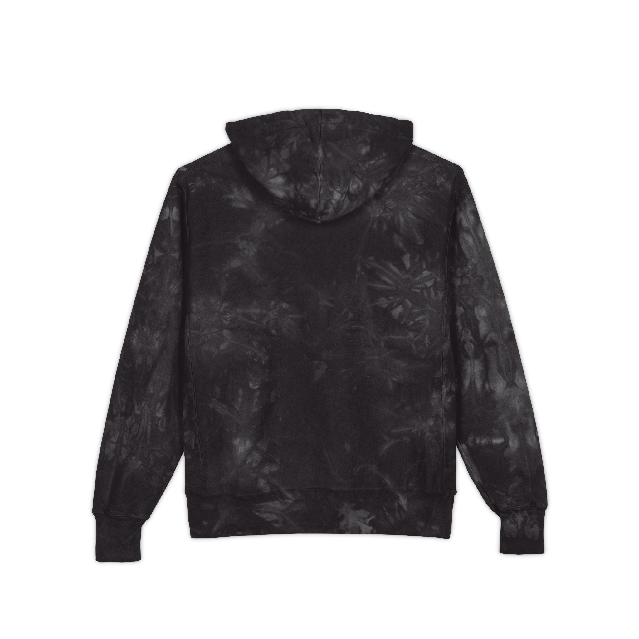 Black tie-dye hoodie on a white background
