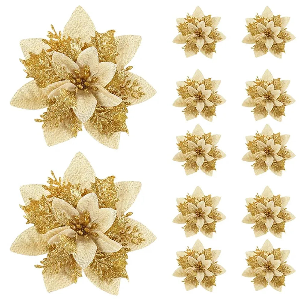 5/10pcs 14.5cm Christmas Flower Ornaments,Pink,Red,Gold,Glitter Artifical Flowers For Christmas Tree,Xmas Decoration For Home Econic Blanks