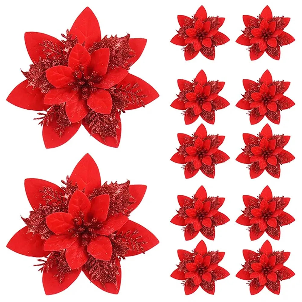 5/10pcs 14.5cm Christmas Flower Ornaments,Pink,Red,Gold,Glitter Artifical Flowers For Christmas Tree,Xmas Decoration For Home Econic Blanks