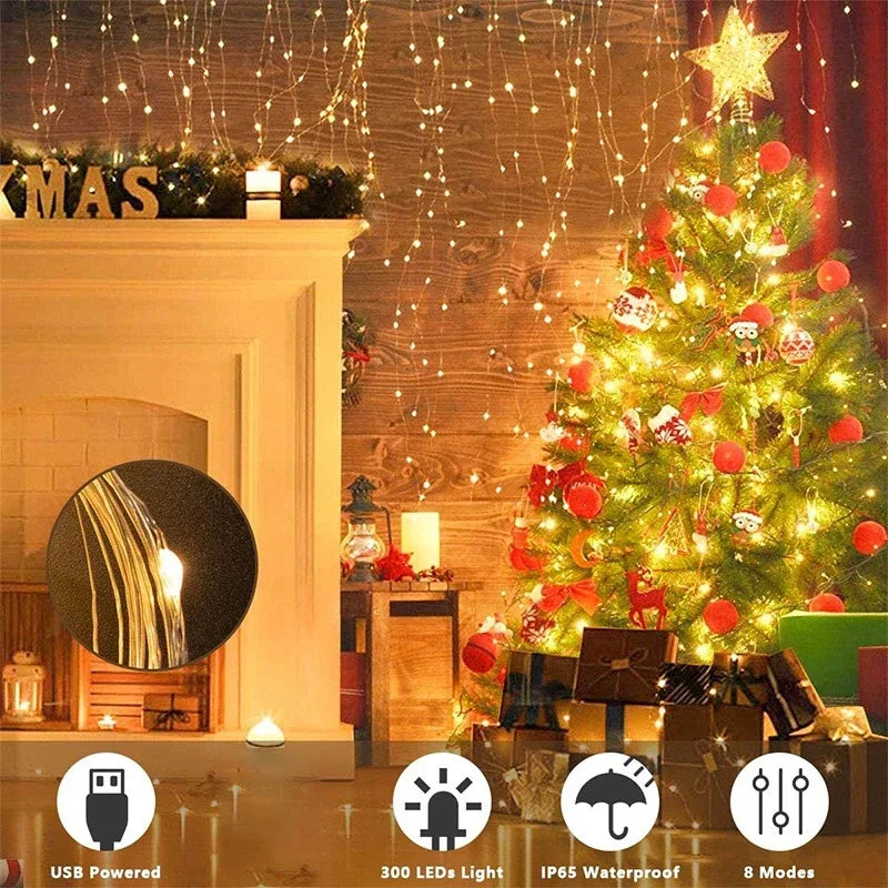 3M LED Curtain String Lights Fairy Decoration USB Holiday Garland Lamp 8 Mode For Home Garden Christmas Party New Year Wedding Econic Blanks
