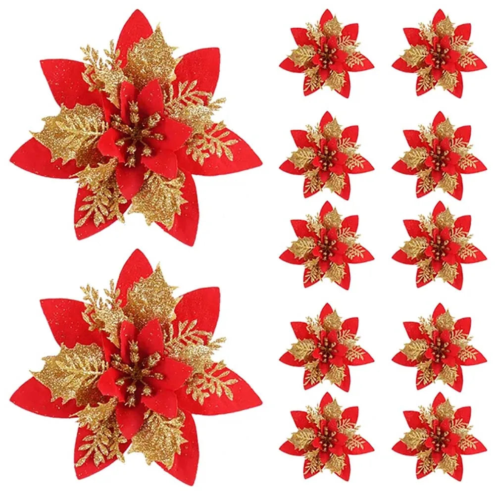 5/10pcs 14.5cm Christmas Flower Ornaments,Pink,Red,Gold,Glitter Artifical Flowers For Christmas Tree,Xmas Decoration For Home Econic Blanks
