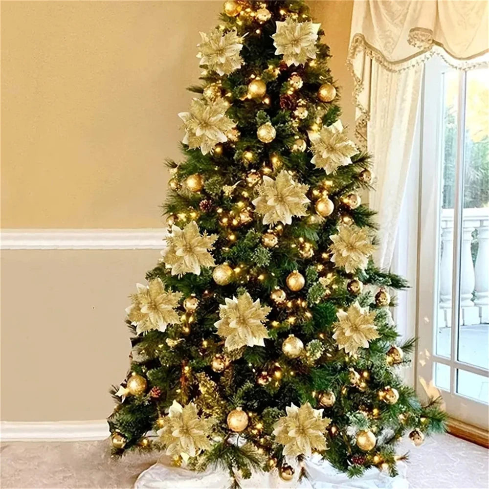 5/10pcs 14.5cm Christmas Flower Ornaments,Pink,Red,Gold,Glitter Artifical Flowers For Christmas Tree,Xmas Decoration For Home Econic Blanks
