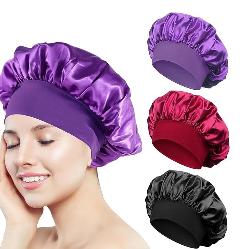 Women Satin Bonnet Hair Bonnet for Sleeping Hair Care Silk Bonnets Solid Wide-brimmed Sleeping Hat with Elastic Soft Band Econic Blanks