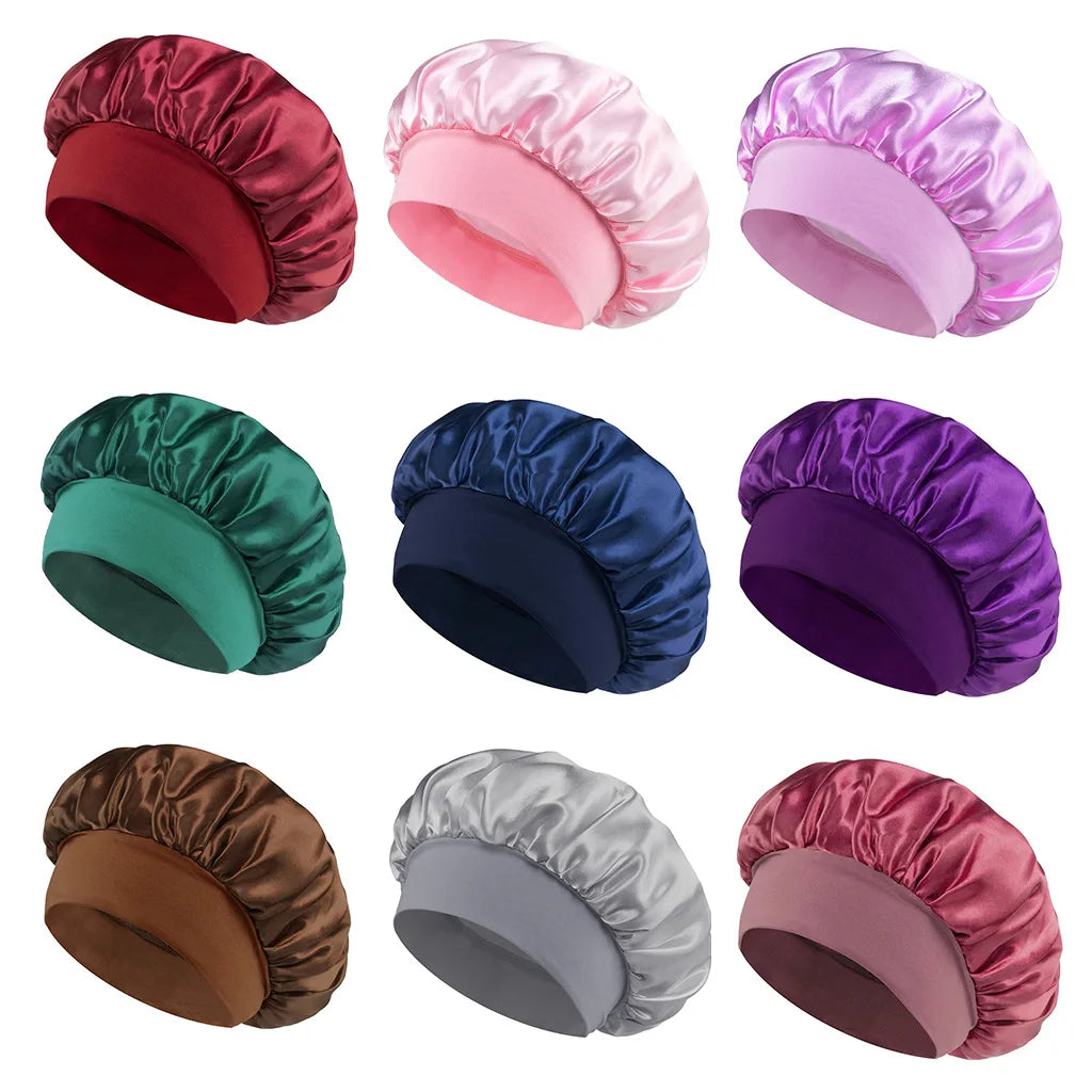 Women Satin Bonnet Hair Bonnet for Sleeping Hair Care Silk Bonnets Solid Wide-brimmed Sleeping Hat with Elastic Soft Band Econic Blanks