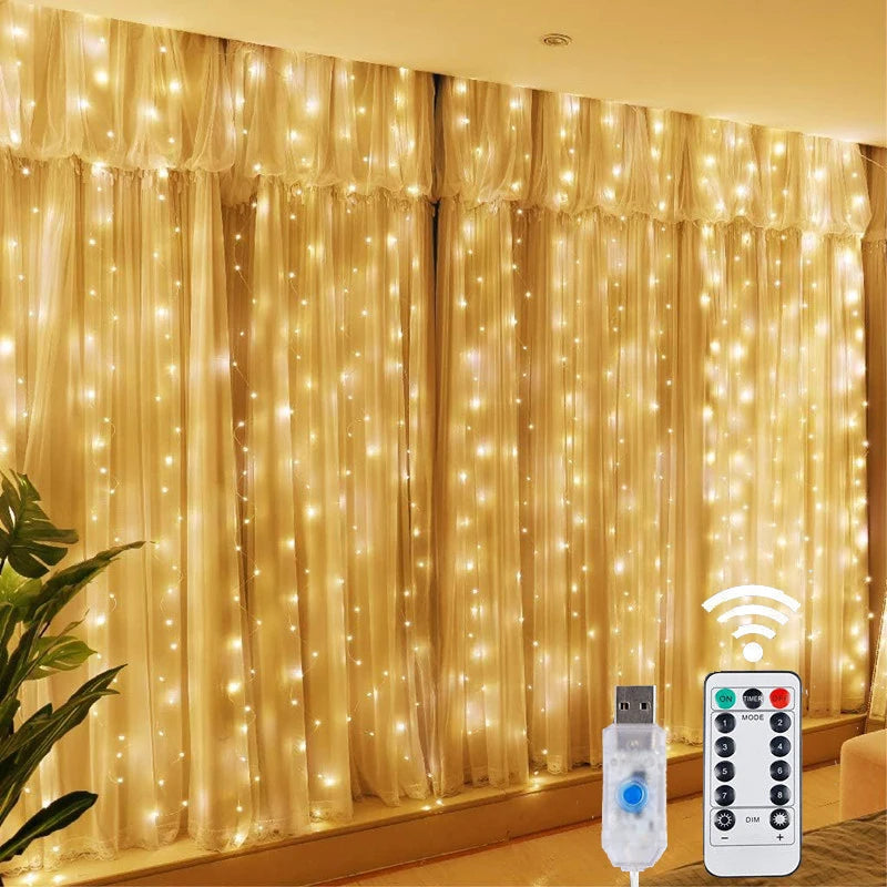 Christmas Lights LED Fairy String Curtain Lights 8 Mode Remote USB Festoon Christmas Decor For Home Holiday New Year Lamp Econic Blanks