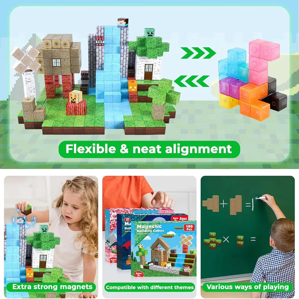 Magnetic Blocks - Build Mine Magnet World Edition Magnetic Cubes Construction Toys for Boys Girls STEM Montessori Sensory Toys Econic Blanks