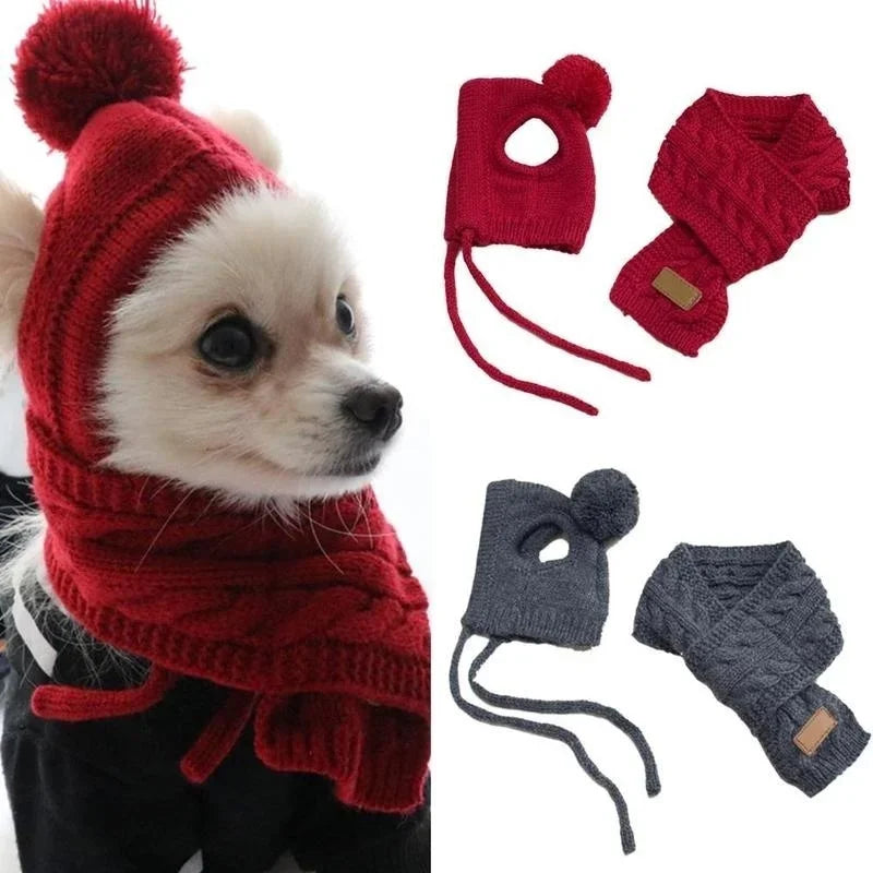 Hat for Dogs Winter Warm Stripes Knitted Hat+Scarf Collar Puppy Teddy Costume Christmas Clothes Santa Dog Costume Econic Blanks
