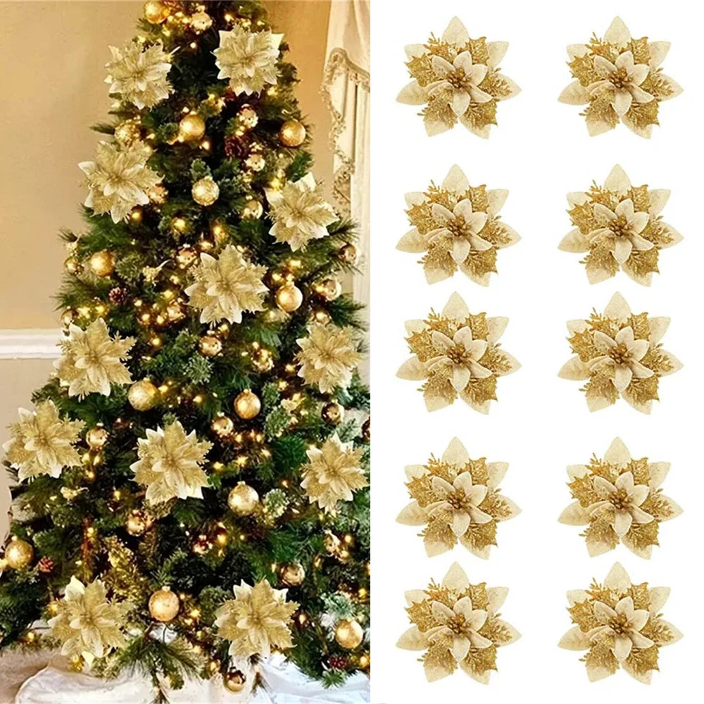 5/10pcs 14.5cm Christmas Flower Ornaments,Pink,Red,Gold,Glitter Artifical Flowers For Christmas Tree,Xmas Decoration For Home Econic Blanks
