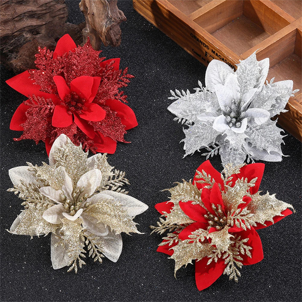 5/10pcs 14.5cm Christmas Flower Ornaments,Pink,Red,Gold,Glitter Artifical Flowers For Christmas Tree,Xmas Decoration For Home Econic Blanks