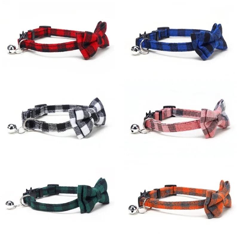 Pet Breakaway Cat Collar Bow Tie and Bell Cute Plaid Christmas Red Elastic Adjustable Dog Collar With Sash Small Bell For Cats Econic Blanks