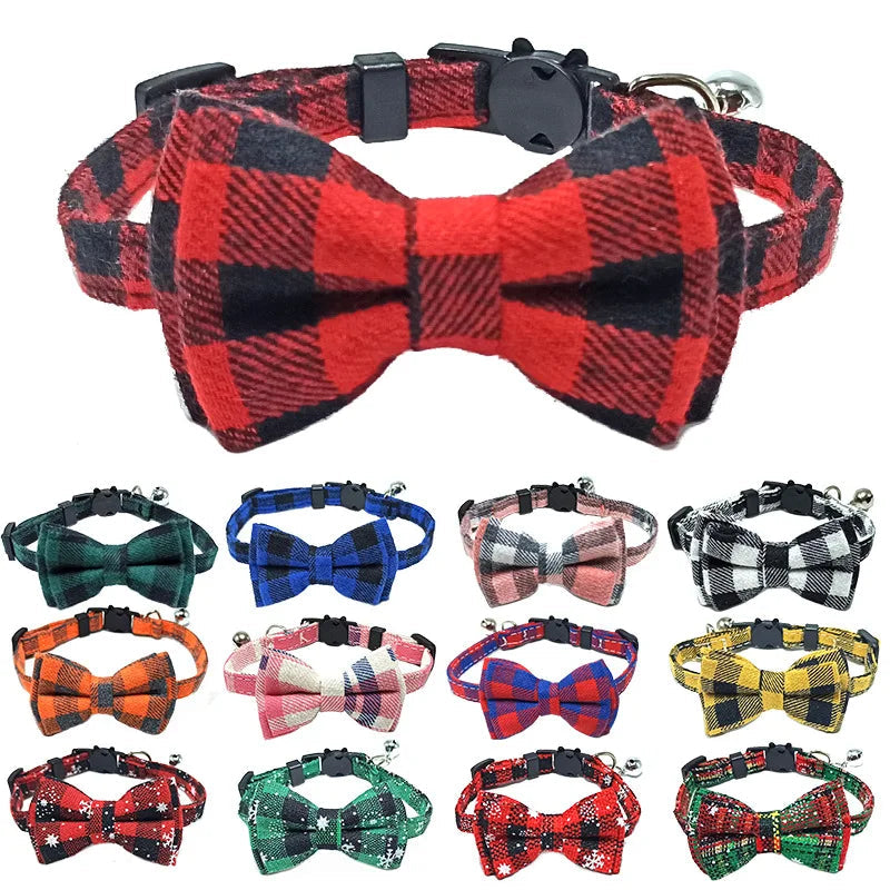 Pet Breakaway Cat Collar Bow Tie and Bell Cute Plaid Christmas Red Elastic Adjustable Dog Collar With Sash Small Bell For Cats Econic Blanks
